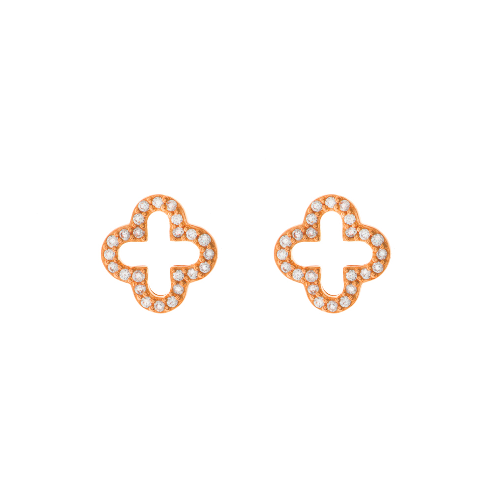 Ohrstecker Kleeblatt mit Zirkonia, 18 K Rosegold vergoldet