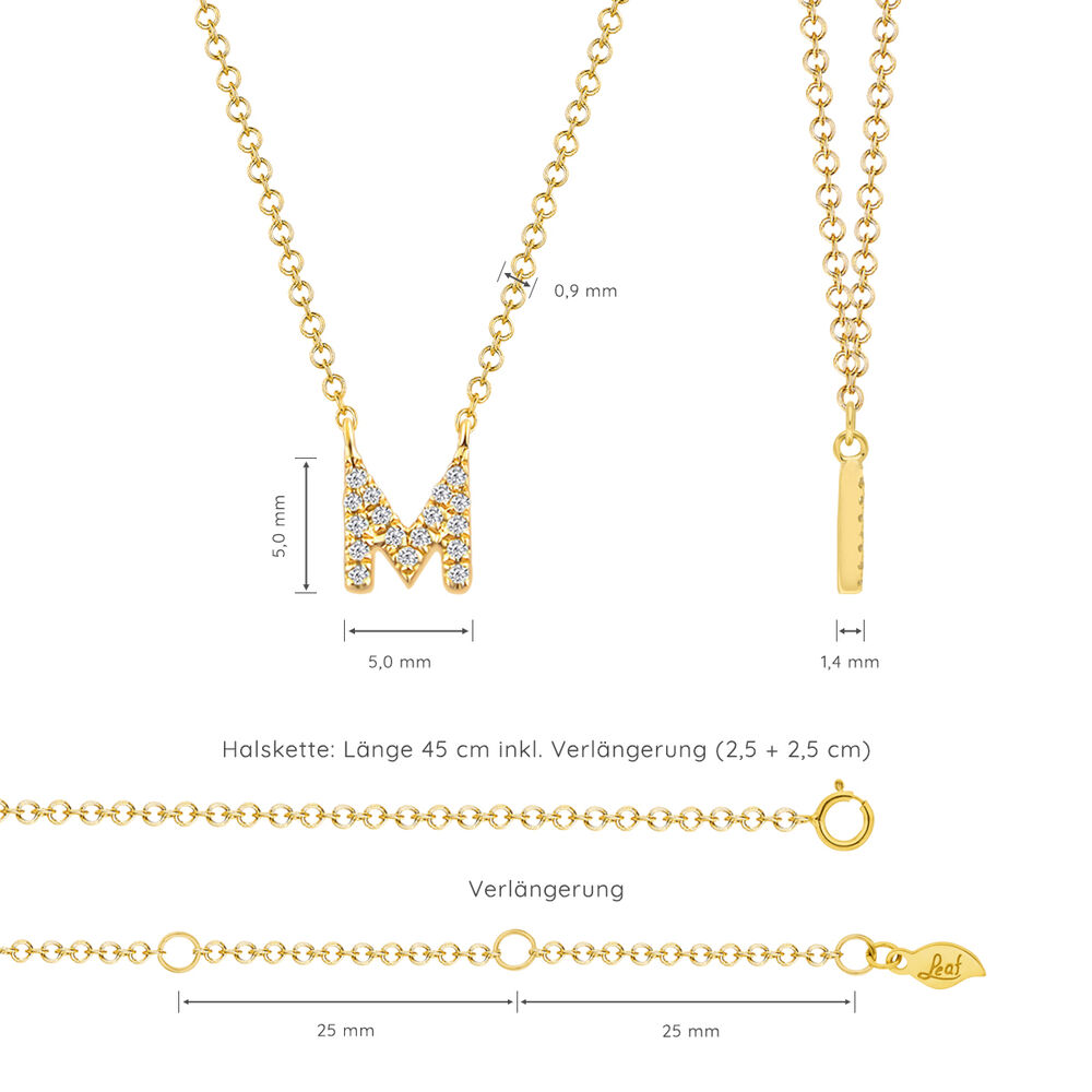 Halskette Letter M, 14 K Gelbgold mit Diamanten 