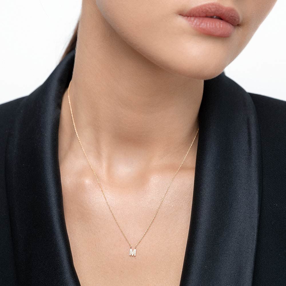 Halskette Letter M, 14 K Gelbgold mit Diamanten 