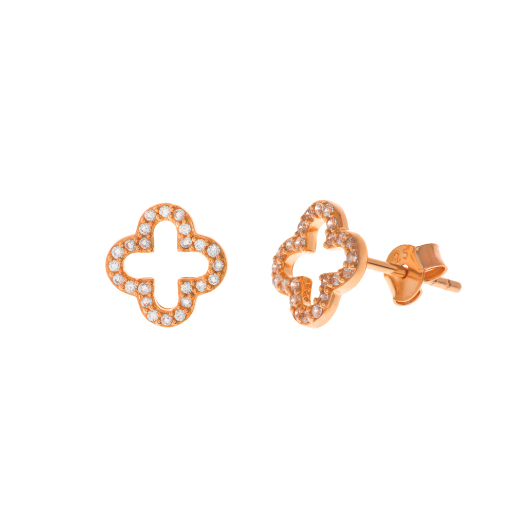 Ohrstecker Kleeblatt mit Zirkonia, 18 K Rosegold vergoldet 
