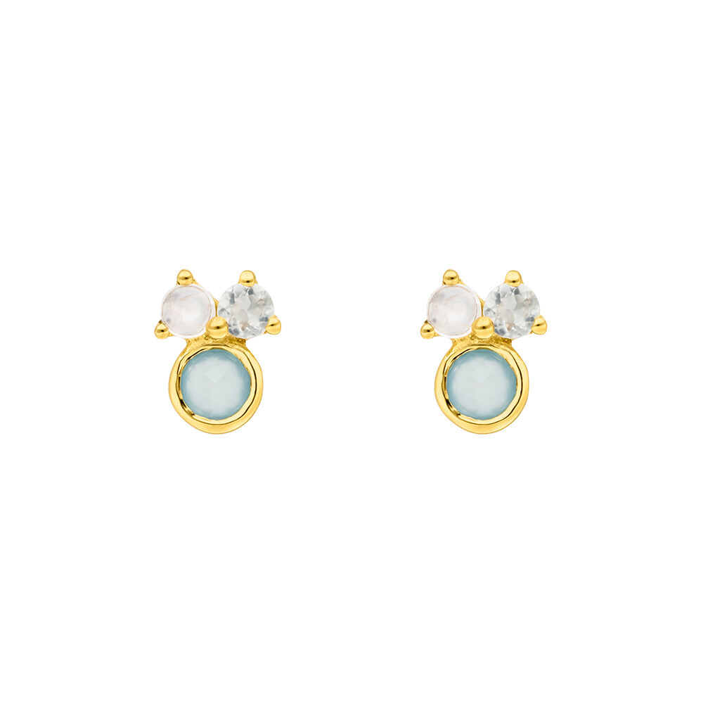 Ohrstecker Three Gems, Aqua Chalzedon, 18 K Gelbgold vergoldet 
