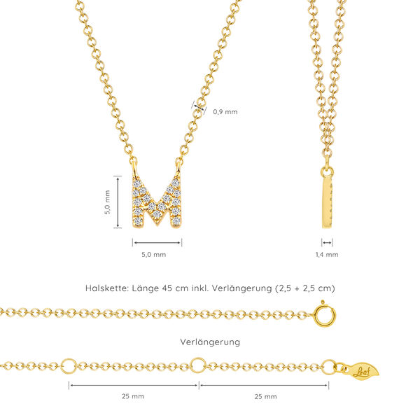 Halskette Letter M, 14 K Gelbgold mit Diamanten 