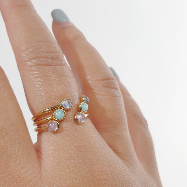 Silber Open Ring, Rosenquarz, Gelbgold 