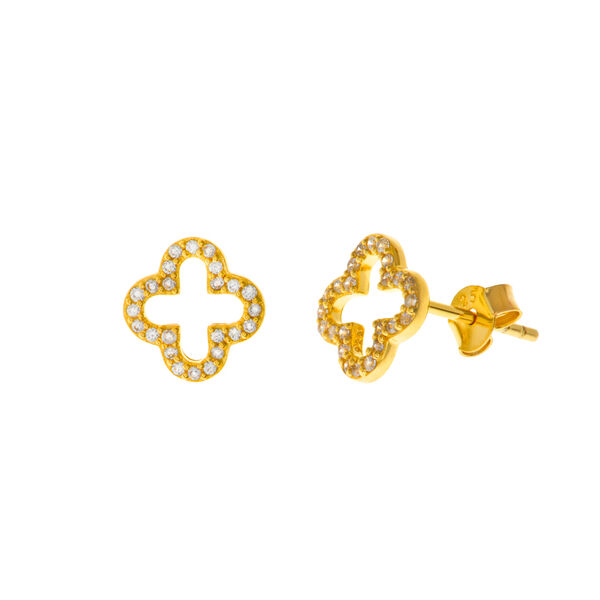 Ohrstecker Kleeblatt mit Zirkonia, 18 K Gelbgold vergoldet 